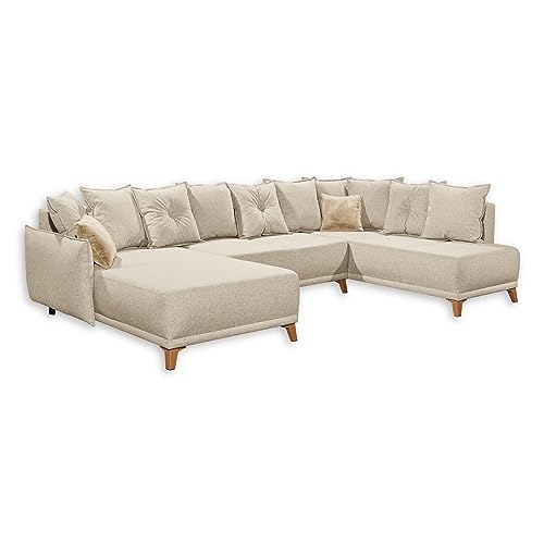 PAMPLONA Wohnlandschaft in U-Form, Beige - Ausziehbares Sofa mit Schlaffunktion und Bettkasten - 338 x 91 x 212 cm (B/H/T) von Stella Trading