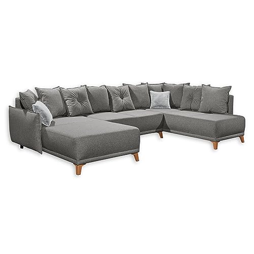 PAMPLONA Wohnlandschaft in U-Form, Graphit / Silber - Ausziehbares Sofa mit Schlaffunktion und Bettkasten - 338 x 91 x 212 cm (B/H/T) von Stella Trading