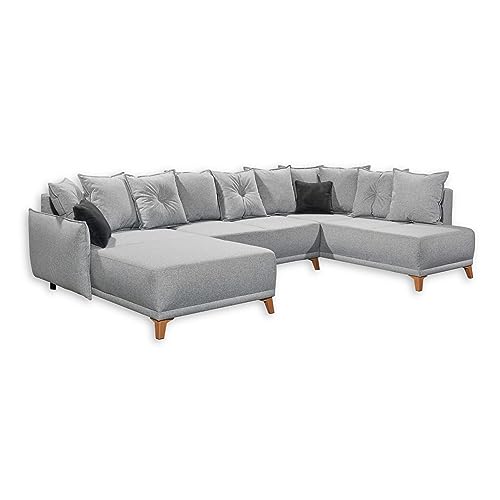 PAMPLONA Wohnlandschaft in U-Form, Silber / Anthrazit - Ausziehbares Sofa mit Schlaffunktion und Bettkasten - 338 x 91 x 212 cm (B/H/T) von Stella Trading