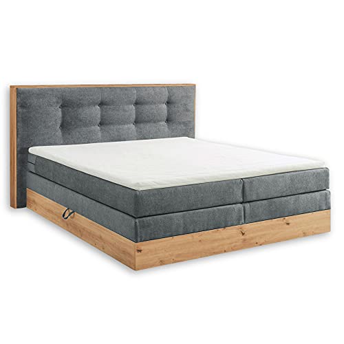 Stella Trading PRESTON 6 Boxspringbett 180x200 mit Bettkasten, Dunkelgrau / Artisan Eiche Optik - Bequemes Doppelbett mit 7-Zonen Federkern Matratze und Topper - 205 x 114 x 213 cm (B/H/T) von Stella Trading