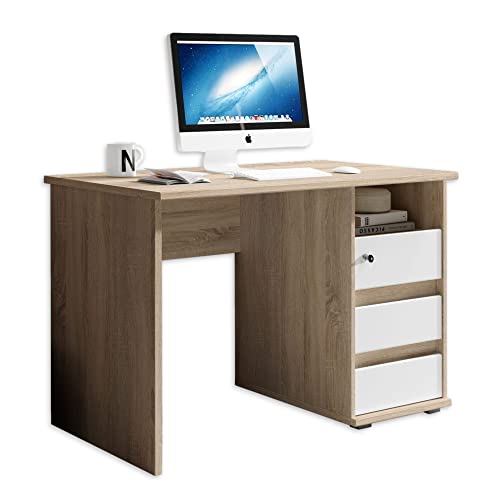 PRIMUS 1 Schreibtisch mit Schubladen, Sonoma Eiche Optik / Weiß - Bürotisch Computertisch fürs Homeoffice mit Stauraum und offenem Ablagefach - 110 x 75 x 65 cm (B/H/T) von Stella Trading