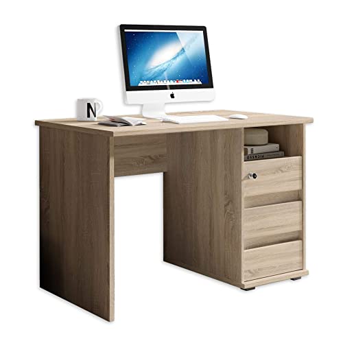 PRIMUS 1 Schreibtisch mit Schubladen, Sonoma Eiche Optik - Bürotisch Computertisch fürs Homeoffice mit Stauraum und offenem Ablagefach - 110 x 75 x 65 cm (B/H/T) von Stella Trading