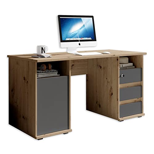 PRIMUS 2 Schreibtisch mit Schubladen, Artisan Eiche Optik / Anthrazit - Bürotisch Computertisch fürs Homeoffice mit Stauraum und offenen Ablagefächern - 145 x 74 x 65 cm (B/H/T) von Stella Trading