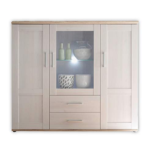 Stella Trading Highboard in Sibiu Lärche / Eiche San Remo Optik - Landhausstil Wohnzimmerschrank mit viel Stauraum und LED-Beleuchtung - 156 x 137 x 46 cm (B/H/T) von Stella Trading