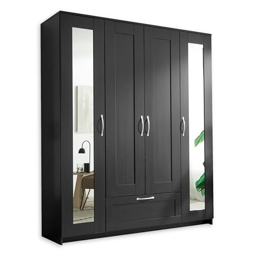 SALIAS Kleiderschrank mit Spiegeltüren in Schwarz - Vielseitiger Drehtürenschrank 4-türig für Ihr Schlafzimmer - 156 x 190 x 50 cm (B/H/T) von Stella Trading