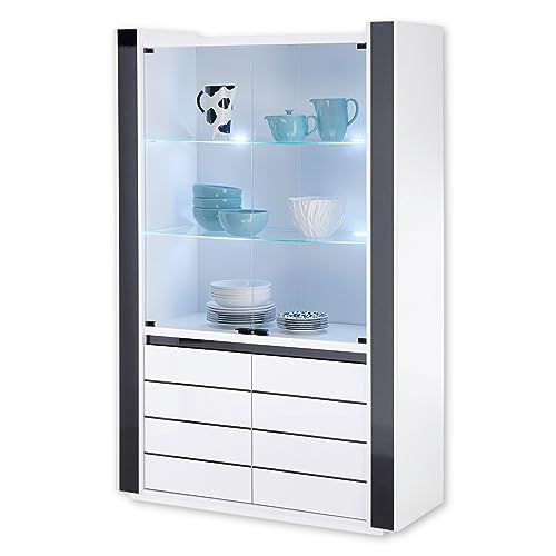 SAVONA Vitrine in Weiß, Schwarz - Moderner Vitrinenschrank mit LED-Beleuchtung und viel Stauraum - 120 x 185 x 45 cm (B/H/T) von Stella Trading