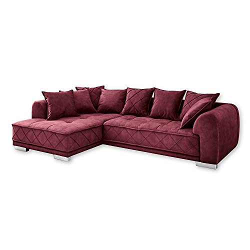 Stella Trading SENTINA Ecksofa in Samtoptik, Burgund - Moderne Eckcouch in L-Form mit universell stellbarer Ottomane & dekorativer Steppung - 319 x 73 (90) x 194 cm (B/H/T) von Stella Trading