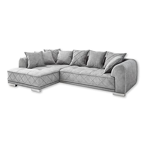 Stella Trading SENTINA Ecksofa in Samtoptik, Grau - Moderne Eckcouch in L-Form mit universell stellbarer Ottomane & dekorativer Steppung - 319 x 73 (90) x 194 cm (B/H/T) von Stella Trading