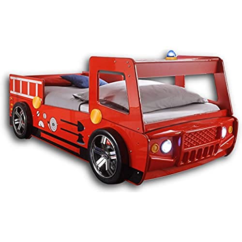SPARK Feuerwehrbett mit LED-Beleuchtung 90 x 200 cm - Aufregendes Auto Kinderbett für kleine Feuerwehrmänner in rot - 108 x 91 x 225 cm (B/H/T) von Stella Trading