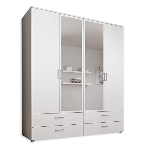 SPAZIO Kleiderschrank mit Spiegeltür in Weiß - Vielseitiger Drehtürenschrank 4-türig für Ihr Schlafzimmer - 184 x 199 x 48 cm (B/H/T) von Stella Trading