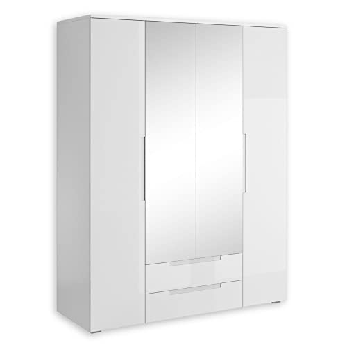 SPICE Eleganter Kleiderschrank mit viel Stauraum & Spiegeltüren - Vielseitiger Drehtürenschrank in Weiß hochglanz - 160 x 208 x 57 cm (B/H/T) von Stella Trading
