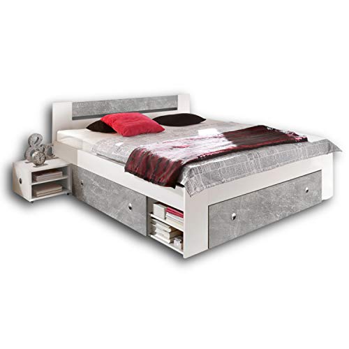 STEFAN Moderne Doppelbett Bettanlage 140 x 200 cm mit 2x Nachtkommoden - Schlafzimmer Komplett-Set in Beton-Optik, Weiß - 145 x 86 x 204 cm (B/H/T) von Stella Trading