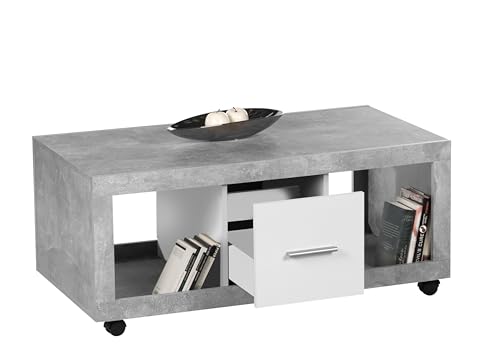 STONE Moderner Couchtisch auf Rollen in Beton Optik, Weiß - mobiler Sofatisch mit Ablagefächern & Schubladen für Ihren Wohnbereich - 115 x 50 x 60 cm (B/H/T) von Stella Trading