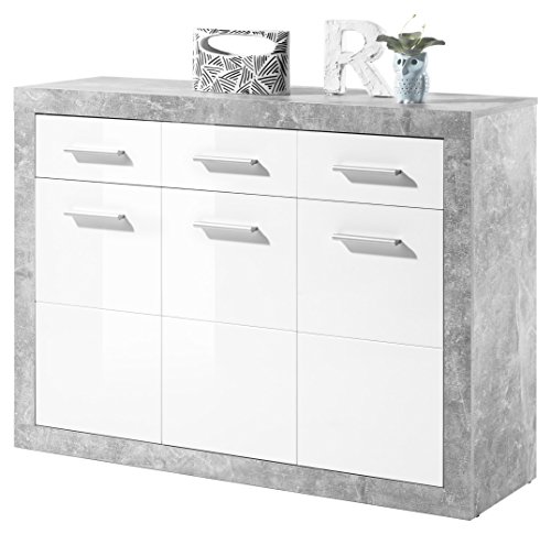 STONE Sideboard in Beton Optik, Weiß Hochglanz - Moderne Kommode mit Schubladen und viel Stauraum - 117 x 88 x 37 cm (B/H/T) von Stella Trading