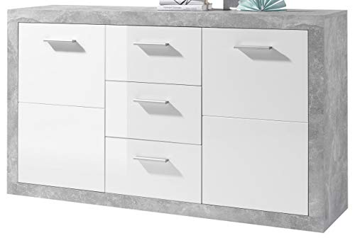 Stella Trading Sideboard in Beton Optik, Weiß Hochglanz - Moderne Kommode mit Schubladen und viel Stauraum - 147 x 89 x 37 cm (B/H/T) von Stella Trading