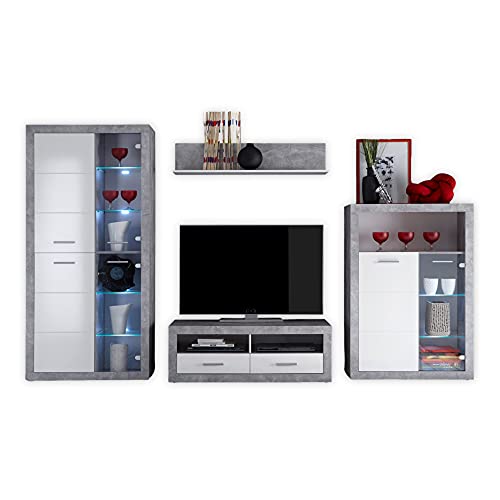 STONE Wohnwand Komplett-Set in Beton Optik, Weiß - Moderne Schrankwand für Ihr Wohnzimmer - 304 x 194 x 48 cm (B/H/T) von Stella Trading