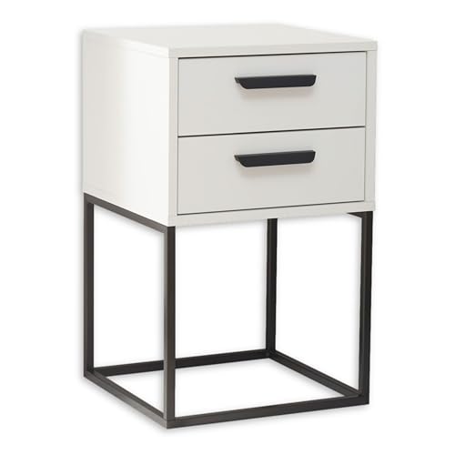SUNA Nachttisch in Weiß - Moderner Nachtschrank mit Schubladen und schwarzem Metallgestell - 40 x 65 x 38,5 cm (B/H/T) von Stella Trading