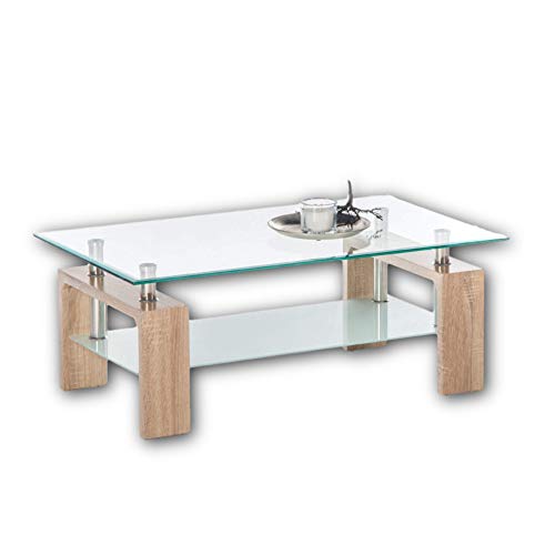Stella MANGO II Couchtisch Glas in Eiche Sonoma Optik - geräumiger Glastisch mit Glasblage für Ihren Wohnbereich - 100 x 46 x 60 cm (B/H/T) von Stella Trading