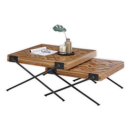 AKONI Beistelltisch 2er Set, Teak-Holz recycelt - Hochwertiges Couchtisch Set mit filigranem Metallgestell - 80 x 43 x 80 cm (B/H/T) von Stella Trading