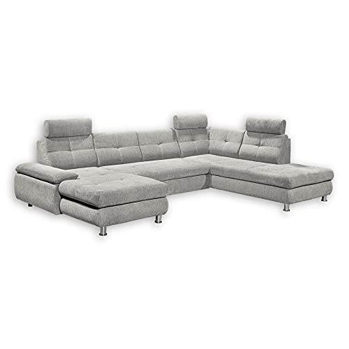 Stella Trading ALBA Wohnlandschaft in U-Form, Stoffbezug Silber - Ausziehbares Sofa mit Schlaffunktion & Bettkasten - 349 x 88 x 233 cm (B/H/T) von Stella Trading