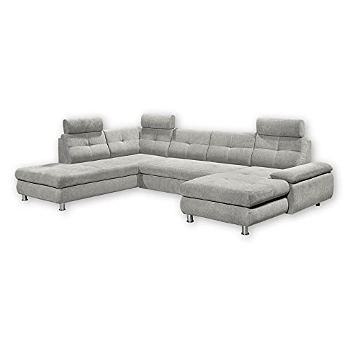 Stella Trading ALBA Wohnlandschaft in U-Form, Stoffbezug Silber - Ausziehbares Sofa mit Schlaffunktion & Bettkasten - 349 x 88 x 233 cm (B/H/T) von Stella Trading