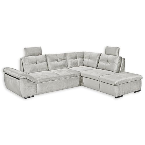 Stella Trading ALIJA Ecksofa mit Schlaffunktion in Silber-Moderne Eckcouch mit Bettkasten und verstellbaren Armlehnen, Holzwerkstoff, 265 x 84 (107) x 217 cm von Stella Trading