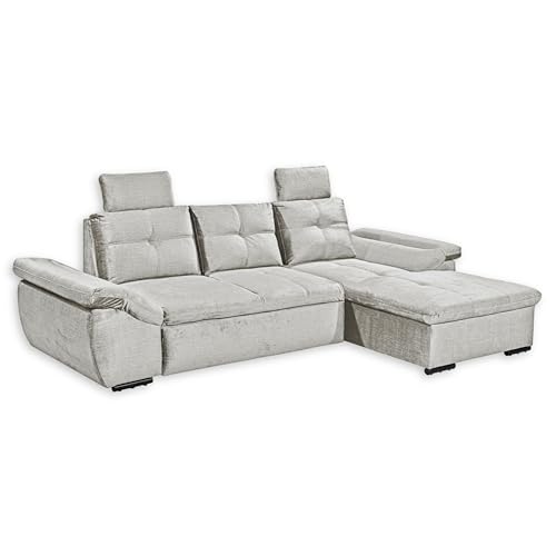 Stella Trading ALIJA Ecksofa mit Schlaffunktion in Silber-Moderne Eckcouch mit Bettkasten und verstellbaren Armlehnen, Holzwerkstoff, Rechts von Stella Trading