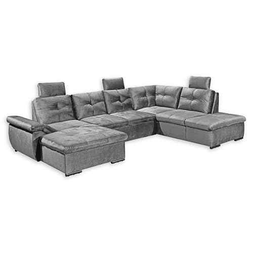Stella Trading ALIJA Wohnlandschaft in U-Form in Grau - Ausziehbares Sofa mit Schlaffunktion, Bettkasten & Verstellbarer Armlehne - 334 x 84 (107) x 217 cm (B/H/T) von Stella Trading