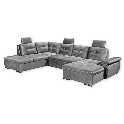 Stella Trading ALIJA Wohnlandschaft in U-Form in Grau - Ausziehbares Sofa mit Schlaffunktion, Bettkasten & Verstellbarer Armlehne - 334 x 84 (107) x 217 cm (B/H/T) von Stella Trading