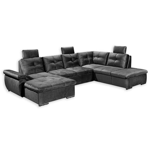 Stella Trading ALIJA Wohnlandschaft in U-Form in Schwarz-Ausziehbares Sofa mit Schlaffunktion, Bettkasten & Verstellbarer Armlehne, Holzwerkstoff, 334 x 84 (107) x 217 cm von Stella Trading