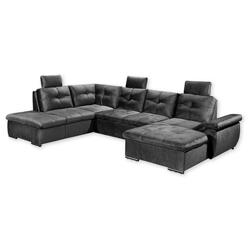 Stella Trading ALIJA Wohnlandschaft in U-Form in Schwarz - Ausziehbares Sofa mit Schlaffunktion, Bettkasten & Verstellbarer Armlehne - 334 x 84 (107) x 217 cm (B/H/T) von Stella Trading