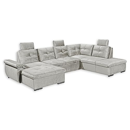 Stella Trading ALIJA Wohnlandschaft in U-Form in Silber - Ausziehbares Sofa mit Schlaffunktion, Bettkasten & Verstellbarer Armlehne - 334 x 84 (107) x 217 cm (B/H/T) von Stella Trading
