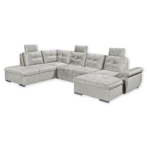 Stella Trading ALIJA Wohnlandschaft in U-Form in Silber - Ausziehbares Sofa mit Schlaffunktion, Bettkasten & Verstellbarer Armlehne - 334 x 84 (107) x 217 cm (B/H/T) von Stella Trading