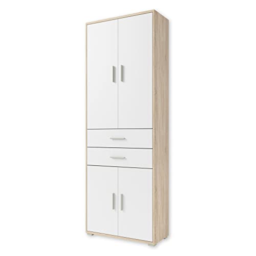 Stella Trading Aktenschrank in Eiche Sonoma Optik, Weiß - Hoher Büroschrank mit 4 Türen - Modernes Büromöbel Komplettset - 79 x 220 x 35 cm (B/H/T) von Stella Trading