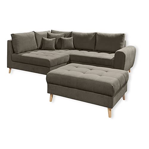 ALICE Ecksofa mit Hocker, Stoffbezug Schlamm - Moderne Eckcouch mit Kissen & Massivholz Füßen - 249 x 94 x 175 cm (B/H/T) von Stella Trading