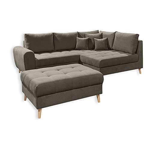 ALICE Ecksofa mit Hocker, Stoffbezug Schlamm - Moderne Eckcouch mit Kissen & Massivholz Füßen - 249 x 94 x 175 cm (B/H/T) von Stella Trading