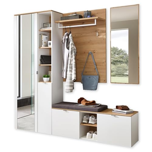 Stella Trading BARI Flurgarderoben Set in Weiß, Artisan Eiche Optik FSC-Zertifiziert - Modernes Garderobenset 4-teilig für Ihren Eingangsbereich - 206 x 202 x 38 cm (B/H/T) von Stella Trading
