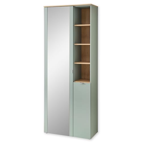 BARI Garderobenschrank mit Spiegel in Schilfgrün, Artisan Eiche Optik FSC-zertifiziert - Moderner Flurgarderoben Schrank mit viel Stauraum - 78 x 202 x 38 cm (B/H/T) von Stella Trading