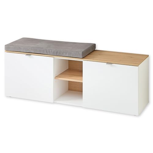 BARI Schuhbank in Weiß, Artisan Eiche Optik FSC-zertifiziert - Moderne Sitzbank mit Stauraum für Ihren Flur - 128 x 50 x 38 cm (B/H/T) von Stella Trading