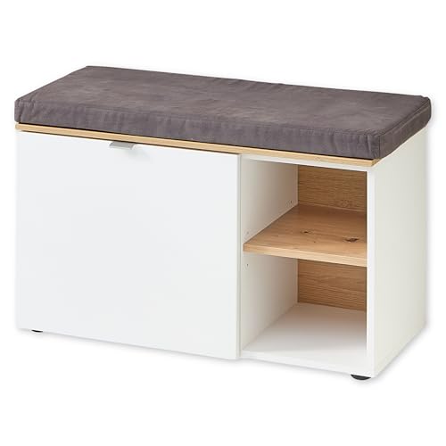BARI Schuhbank in Weiß, Artisan Eiche Optik FSC-zertifiziert - Moderne Sitzbank mit Stauraum für Ihren Flur - 78 x 50 x 38 cm (B/H/T) von Stella Trading