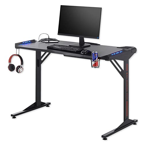 Stella Trading BC 3110 Gaming Tisch in Schwarz, Carbon-Optik - Gaming Schreibtisch mit LED-Beleuchtung, USB-Anschlüssen & Getränkehalterung - 119 x 78 x 60 cm (B/H/T) von Stella Trading