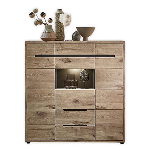 Stella Trading BELLANO Highboard in Viking Eiche Optik, Graphit - Moderner Wohnzimmerschrank mit Schubladen und LED-Beleuchtung - 125 x 128 x 38 cm (B/H/T) von Stella Trading