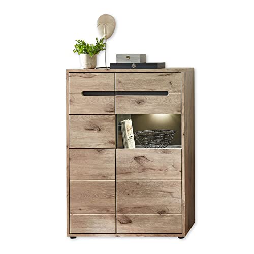 Stella Trading BELLANO Vitrine in Viking Eiche Optik, Graphit - Moderner Vitrinenschrank mit LED-Beleuchtung und viel Stauraum - 90 x 128 x 38 cm (B/H/T) von Stella Trading