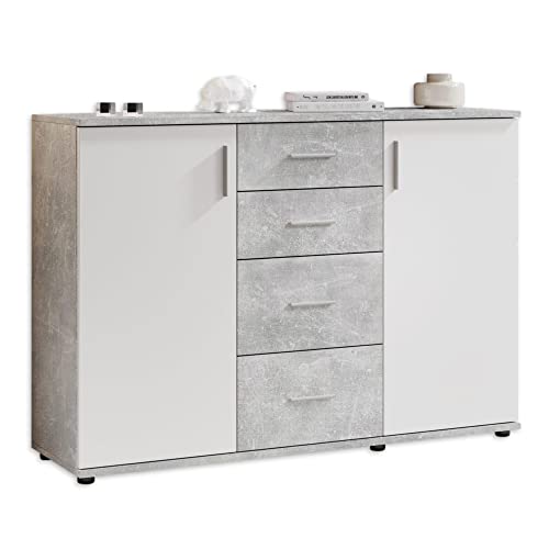 Stella Trading BOBBY Kommode in Beton-Optik, Weiß - Modernes Sideboard mit viel Stauraum für Ihren Wohnbereich - 120 x 82 x 35 cm (B/H/T) von Stella Trading