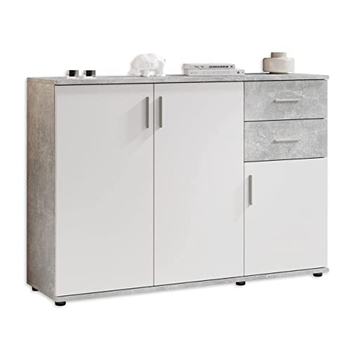 Stella Trading BOBBY Kommode in Beton-Optik, Weiß - Modernes Sideboard mit viel Stauraum für Ihren Wohnbereich - 120 x 82 x 35 cm (B/H/T) von Stella Trading