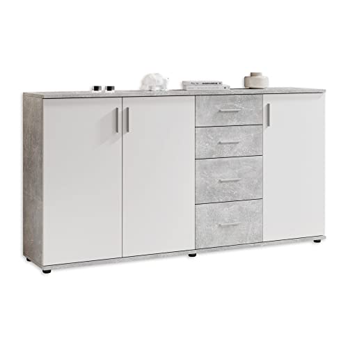 Stella Trading BOBBY Kommode in Beton-Optik, Weiß - Modernes Sideboard mit viel Stauraum für Ihren Wohnbereich - 160 x 82 x 35 cm (B/H/T) von Stella Trading