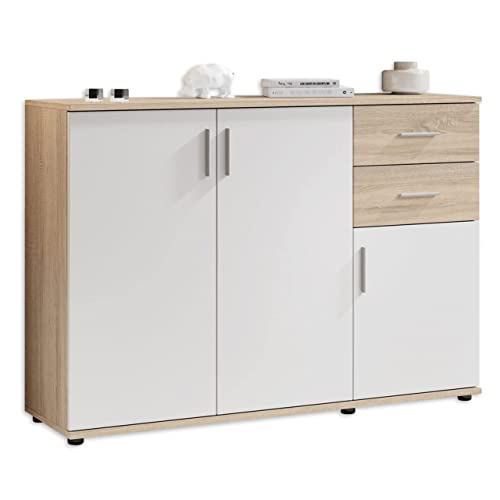 Stella Trading BOBBY Kommode in Eiche Sonoma Optik, weiß - Modernes Sideboard mit viel Stauraum für Ihren Wohnbereich - 120 x 82 x 35 cm (B/H/T) von Stella Trading