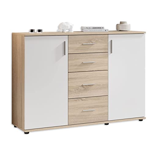 Stella Trading BOBBY Kommode in Eiche Sonoma Optik, weiß - Modernes Sideboard mit viel Stauraum für Ihren Wohnbereich - 120 x 82 x 35 cm (B/H/T) von Stella Trading