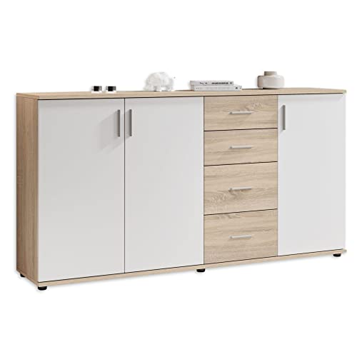 Stella Trading BOBBY Kommode in Eiche Sonoma Optik, weiß - Modernes Sideboard mit viel Stauraum für Ihren Wohnbereich - 160 x 82 x 35 cm (B/H/T) von Stella Trading