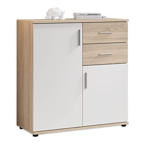 Stella Trading BOBBY Kommode in Eiche Sonoma Optik, weiß - Modernes Sideboard mit viel Stauraum für Ihren Wohnbereich - 80 x 82 x 35 cm (B/H/T) von Stella Trading